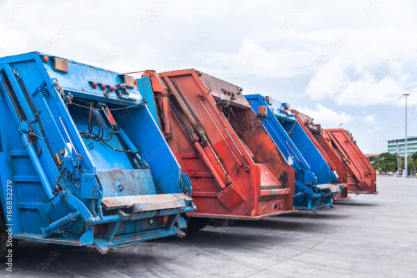 Several cars parked garbage truck for transport to garbage collection.